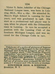 Vic Saier  baseball card collectible - Main Image 2