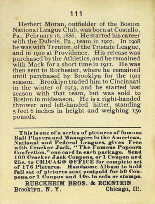 Herbie Moran  baseball card collectible - Main Image 2