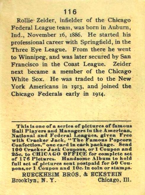 Rollie Zeider  baseball card collectible - Main Image 2