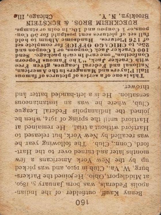 Benny Kauff  baseball card collectible - Main Image 2