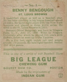 Benny Bengough  baseball card collectible - Main Image 2
