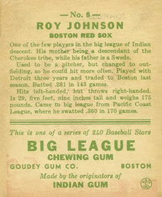 Roy Johnson  baseball card collectible - Main Image 2