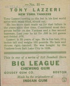 Tony Lazzeri  baseball card collectible - Main Image 2