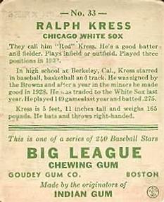 Ralph Kress  baseball card collectible - Main Image 2
