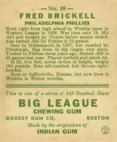 Fred Brickell  baseball card collectible - Main Image 2