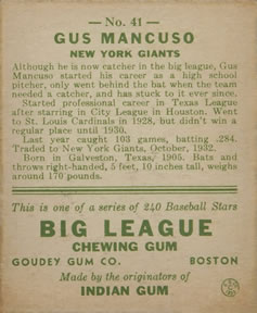 Gus Mancuso  baseball card collectible - Main Image 2