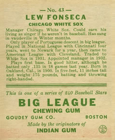 Lew Fonseca  baseball card collectible - Main Image 2