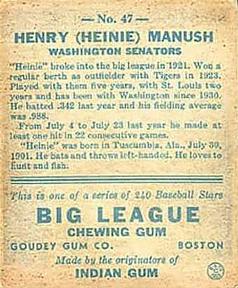 Henry “Heinie” Manush  baseball card collectible - Main Image 2