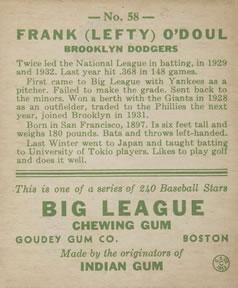 Frank “Lefty” O’Doul  baseball card collectible - Main Image 2