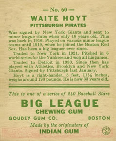 Waite Hoyt  baseball card collectible - Main Image 2