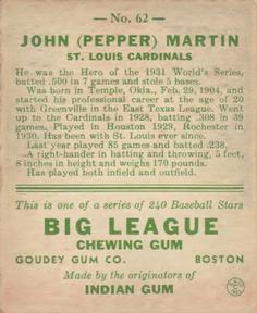 “Pepper” Martin  baseball card collectible - Main Image 2