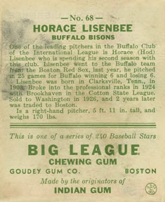 Horace Lisenbee  baseball card collectible - Main Image 2