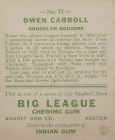 Owen Carroll  baseball card collectible - Main Image 2