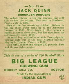 Jack Quinn  baseball card collectible - Main Image 2