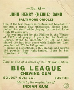 John Henry “Heinie” Sand  baseball card collectible - Main Image 2