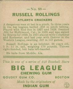 Russell Rollings  baseball card collectible - Main Image 2