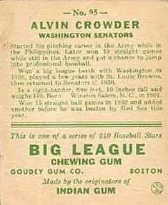 Alvin Crowder  baseball card collectible - Main Image 2