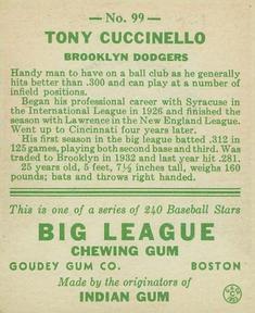 Tony Cuccinello  baseball card collectible - Main Image 2