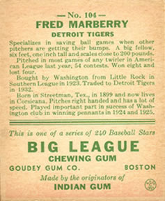 Fred Marberry  baseball card collectible - Main Image 2