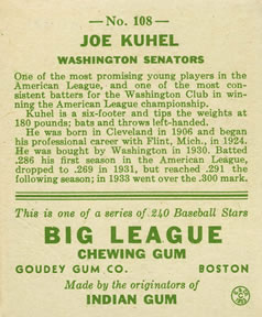 Joe Kuhel  baseball card collectible - Main Image 2