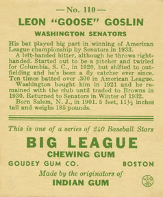 Leon “Goose” Goslin  baseball card collectible - Main Image 2