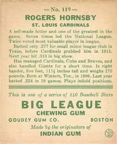 Rogers Hornsby  baseball card collectible - Main Image 2