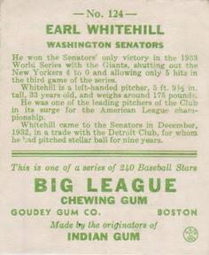 Earl Whitehill  baseball card collectible - Main Image 2