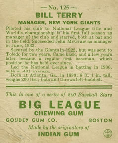 Bill Terry  baseball card collectible - Main Image 2