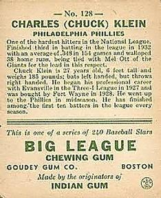 Charles “Chuck” Klein  baseball card collectible - Main Image 2
