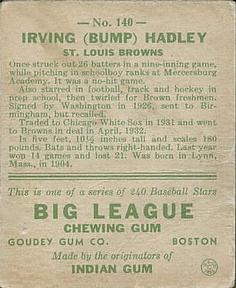 Irving “Bump” Hadley  baseball card collectible - Main Image 2