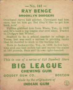 Ray Benge  baseball card collectible - Main Image 2