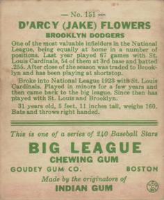 D’Arcy “Jake” Flowers  baseball card collectible - Main Image 2