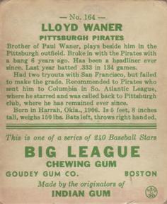 Lloyd Waner  baseball card collectible - Main Image 2