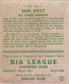 Sam West  baseball card collectible - Main Image 2