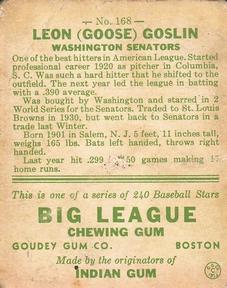Leon “Goose” Goslin  baseball card collectible - Main Image 2