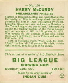 Harry McCurdy  baseball card collectible - Main Image 2