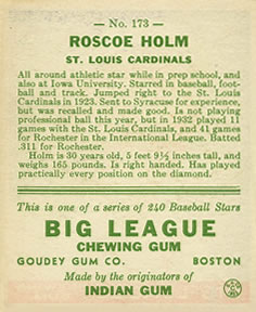 Roscoe Holm  baseball card collectible - Main Image 2
