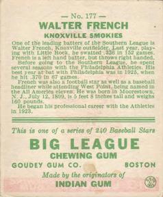 Walter French  baseball card collectible - Main Image 2