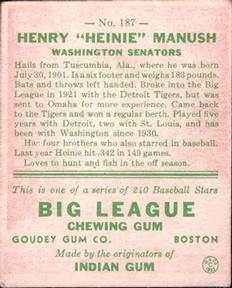Henry “Heinie” Manush  baseball card collectible - Main Image 2