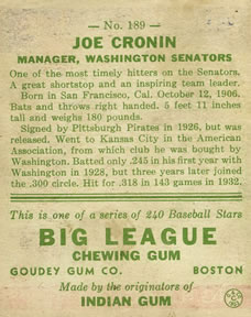 Joe Cronin  baseball card collectible - Main Image 2