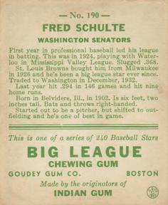 Fred Schulte  baseball card collectible - Main Image 2