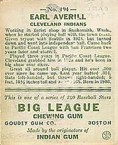 Earl Averill  baseball card collectible - Main Image 2