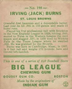 Irving “Jack” Burns  baseball card collectible - Main Image 2