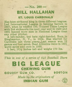 Bill Hallahan  baseball card collectible - Main Image 2