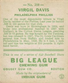 Virgil Davis  baseball card collectible - Main Image 2