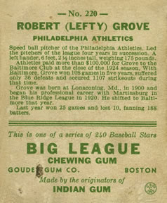 Robert “Lefty” Grove  baseball card collectible - Main Image 2