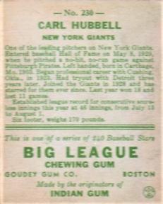 Carl Hubbell  baseball card collectible - Main Image 2