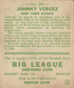 Johnny Vergez  baseball card collectible - Main Image 2