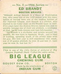 Ed Brandt  baseball card collectible - Main Image 2
