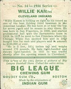 Willie Kamm  baseball card collectible - Main Image 2